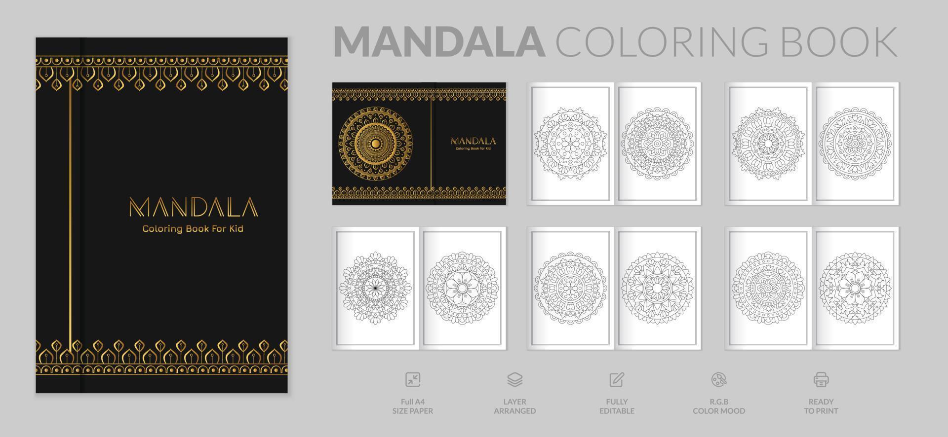 prêt à imprimer 10 pages avec page de couverture belle illustration vectorielle de conception de livre de coloriage de mandala vecteur