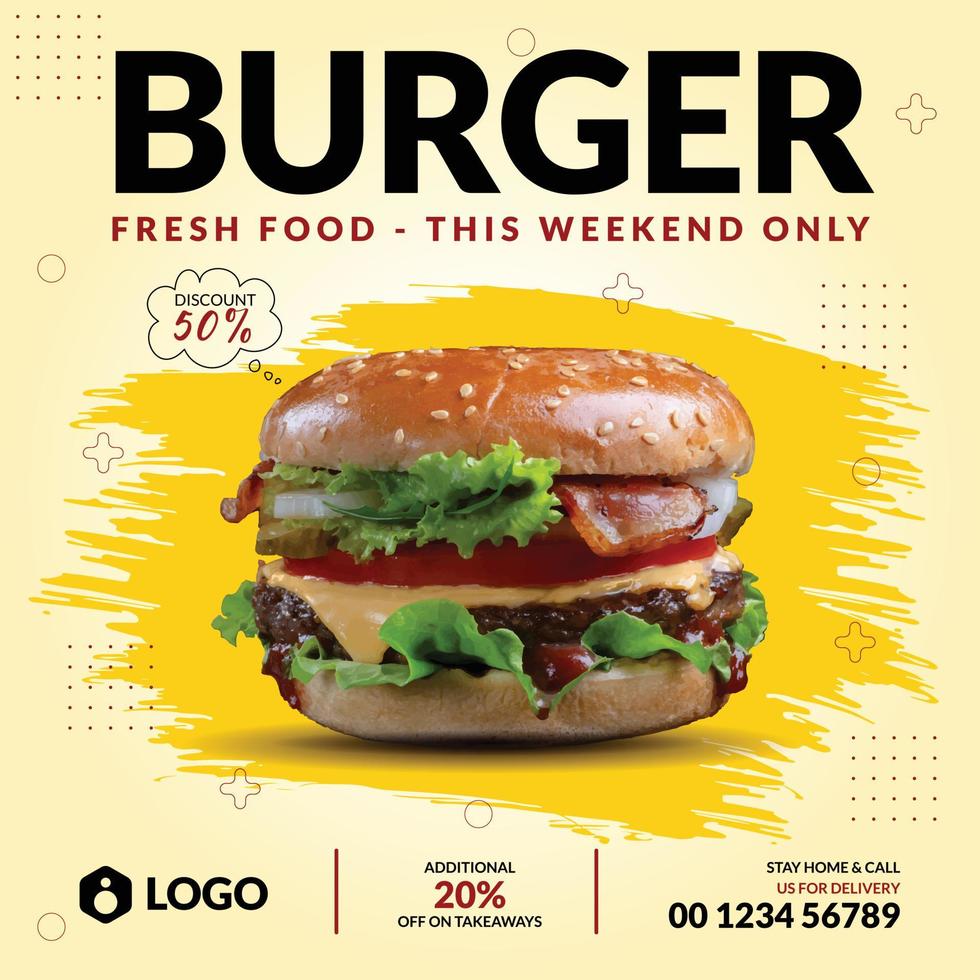 modèle de conception de publication de bannière de promotion de médias sociaux de menu de nourriture de restaurant et de hamburger super délicieux vecteur