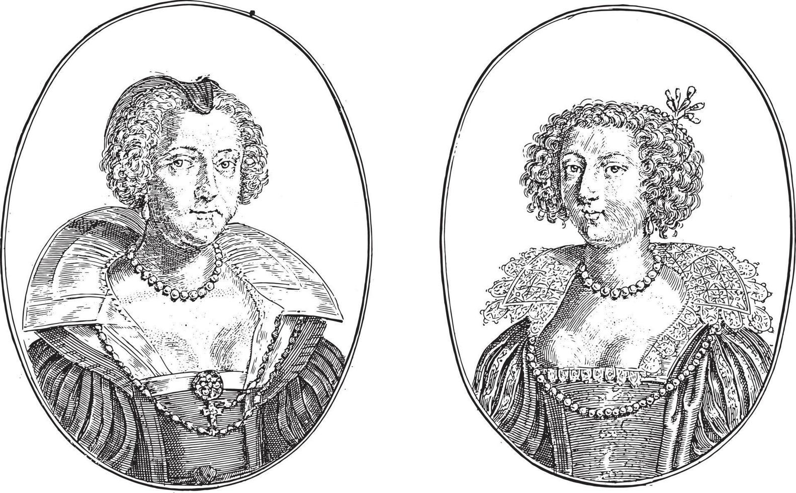 portraits des courtisanes nommées mademoiselle et bassonpiere de rockefort, illustration vintage. vecteur