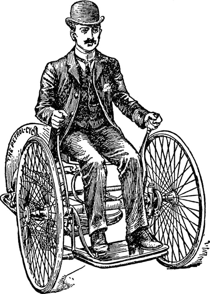 tricycle à moteur à essence majordome, illustration vintage. vecteur