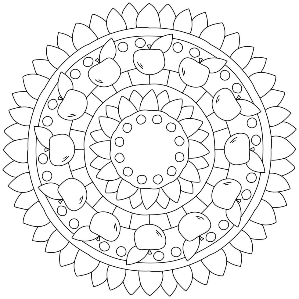 mandala simple avec fruits et motifs, coloriage avec pommes et pétales vecteur