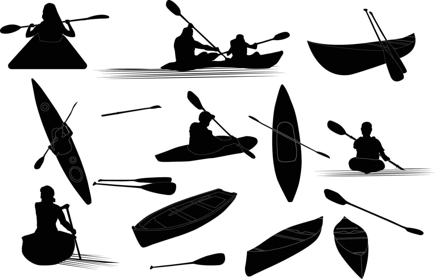 vecteur de silhouettes de kayak. sentiers de canoë et emblème du club de rafting avec éléments d'équipement de kayak.