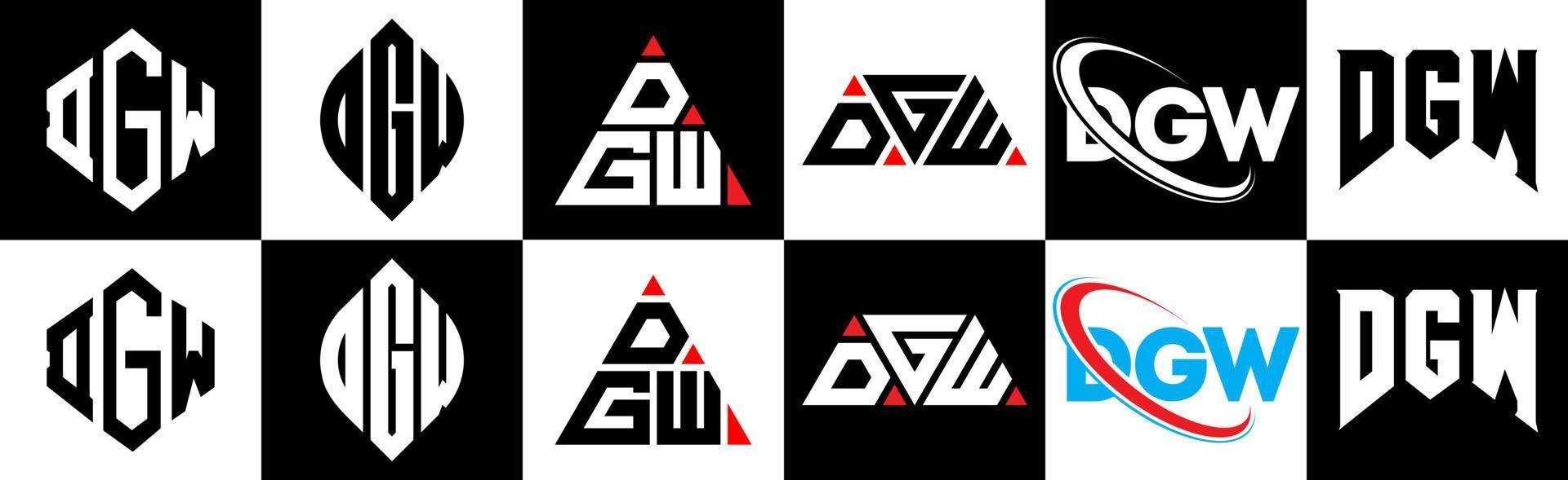 création de logo de lettre dgw en six styles. polygone dgw, cercle, triangle, hexagone, style plat et simple avec logo de lettre de variation de couleur noir et blanc dans un plan de travail. dgw logo minimaliste et classique vecteur
