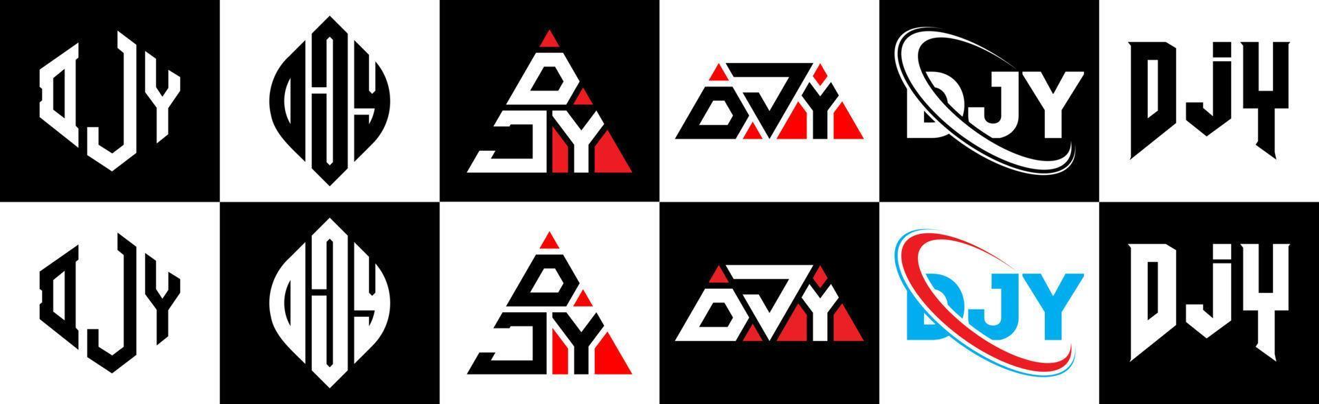 création de logo de lettre djy en six styles. polygone djy, cercle, triangle, hexagone, style plat et simple avec logo de lettre de variation de couleur noir et blanc dans un plan de travail. logo djy minimaliste et classique vecteur