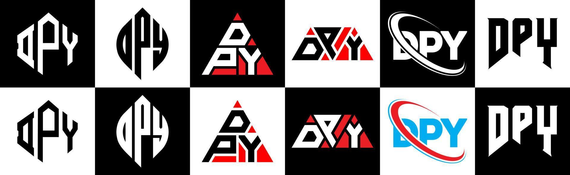 création de logo de lettre dpy en six styles. dpy polygone, cercle, triangle, hexagone, style plat et simple avec logo de lettre de variation de couleur noir et blanc dans un plan de travail. dpy logo minimaliste et classique vecteur