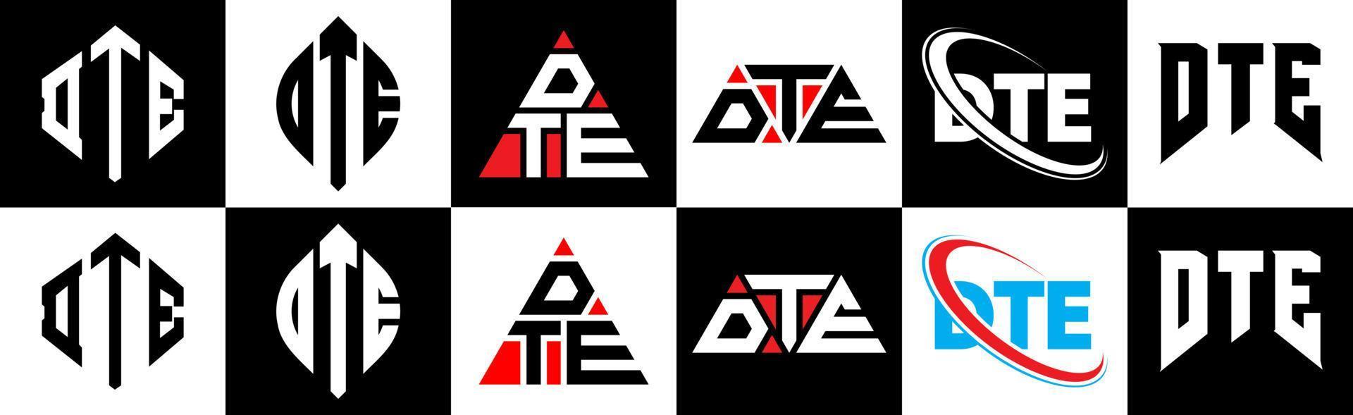 création de logo de lettre dte en six styles. dte polygone, cercle, triangle, hexagone, style plat et simple avec logo de lettre de variation de couleur noir et blanc dans un plan de travail. dte logo minimaliste et classique vecteur