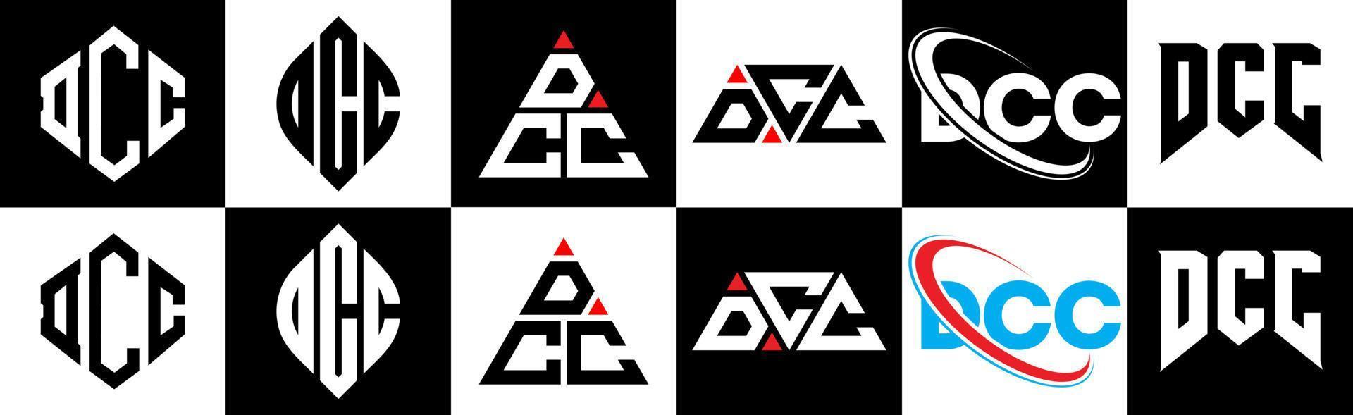 création de logo de lettre dcc en six styles. dcc polygone, cercle, triangle, hexagone, style plat et simple avec logo de lettre de variation de couleur noir et blanc dans un plan de travail. logo dcc minimaliste et classique vecteur