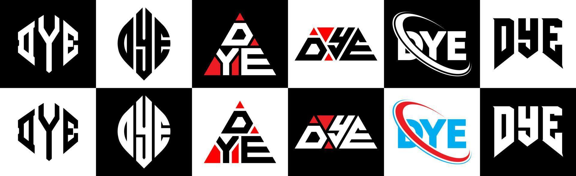 création de logo de lettre de teinture en six styles. polygone de teinture, cercle, triangle, hexagone, style plat et simple avec logo de lettre de variation de couleur noir et blanc dans un plan de travail. teinture logo minimaliste et classique vecteur