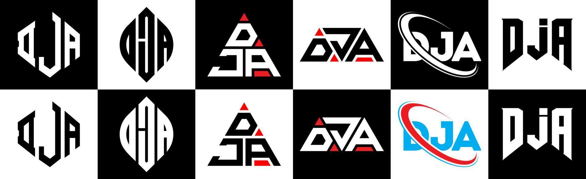 création de logo de lettre dja en six styles. polygone dja, cercle, triangle, hexagone, style plat et simple avec logo de lettre de variation de couleur noir et blanc dans un plan de travail. dja logo minimaliste et classique vecteur