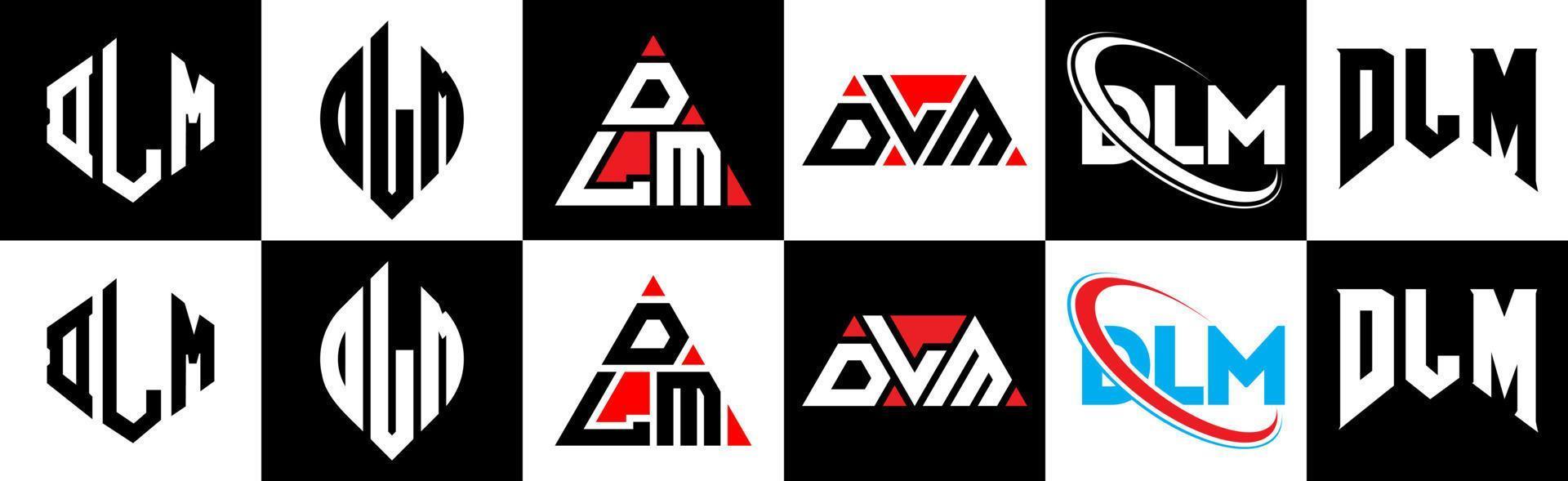 création de logo de lettre dlm en six styles. polygone dlm, cercle, triangle, hexagone, style plat et simple avec logo de lettre de variation de couleur noir et blanc dans un plan de travail. logo minimaliste et classique dlm vecteur