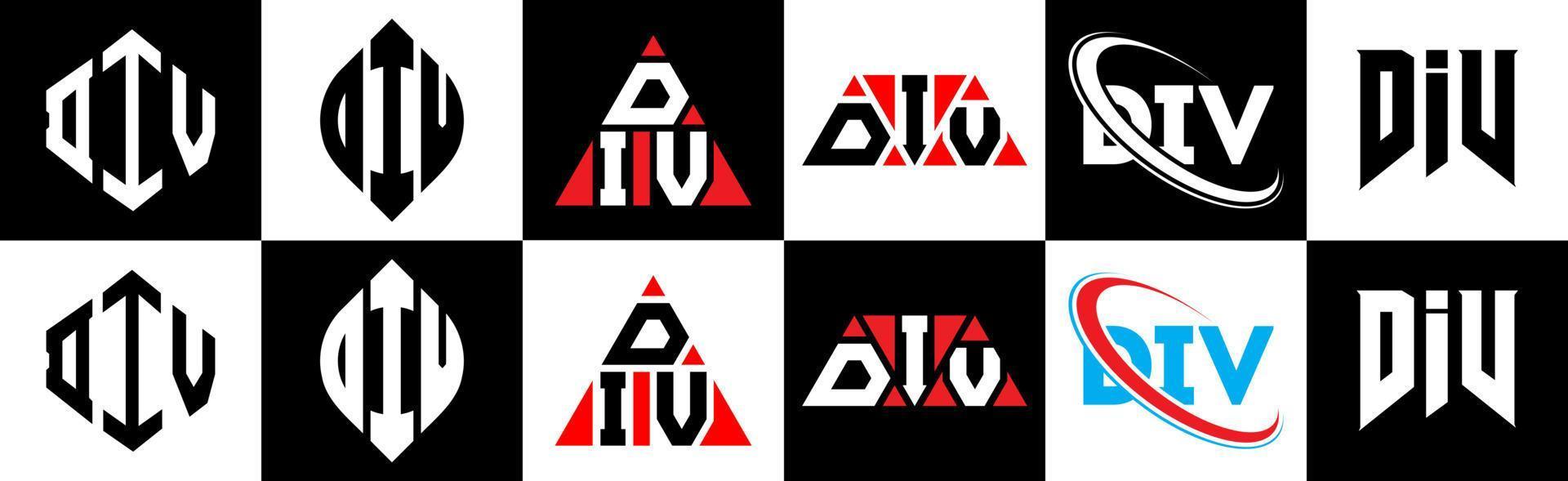 création de logo de lettre div en six styles. polygone div, cercle, triangle, hexagone, style plat et simple avec logo de lettre de variation de couleur noir et blanc dans un plan de travail. logo minimaliste et classique div vecteur