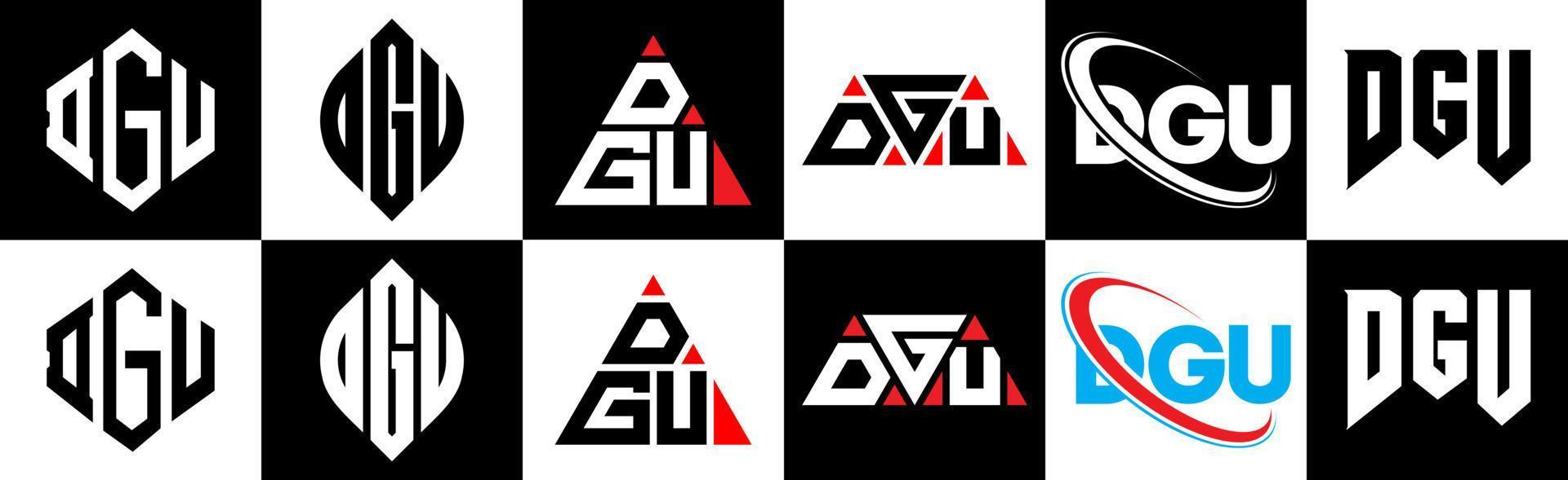 création de logo de lettre dgu en six styles. dgu polygone, cercle, triangle, hexagone, style plat et simple avec logo de lettre de variation de couleur noir et blanc dans un plan de travail. dgu logo minimaliste et classique vecteur