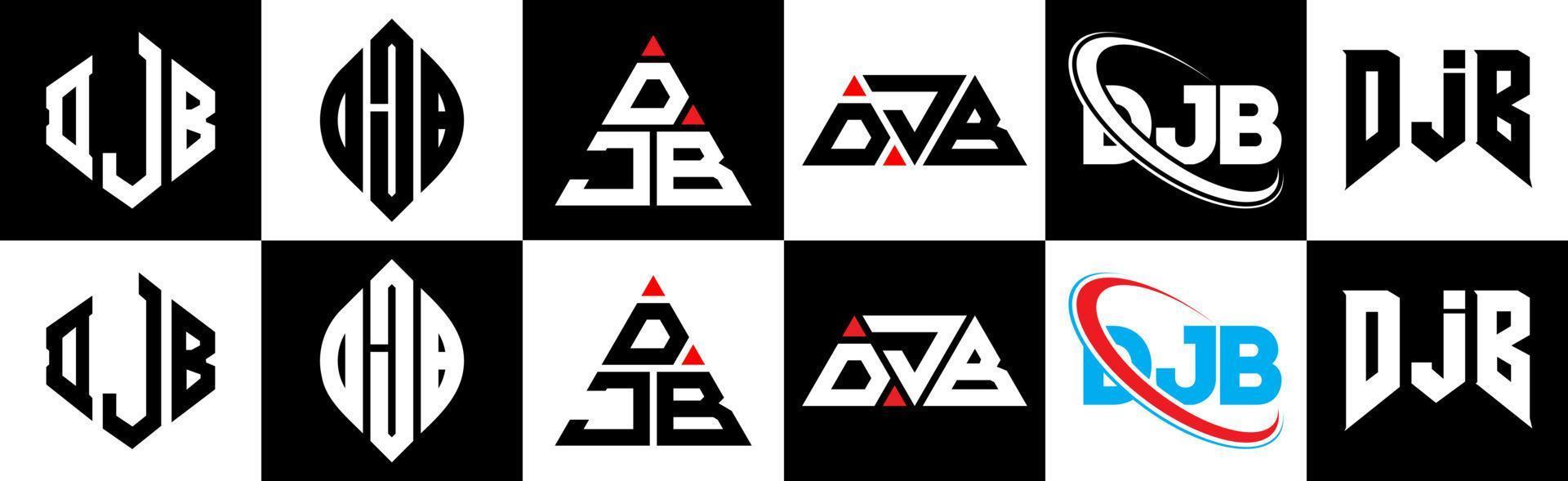 création de logo de lettre djb en six styles. djb polygone, cercle, triangle, hexagone, style plat et simple avec logo de lettre de variation de couleur noir et blanc dans un plan de travail. logo djb minimaliste et classique vecteur