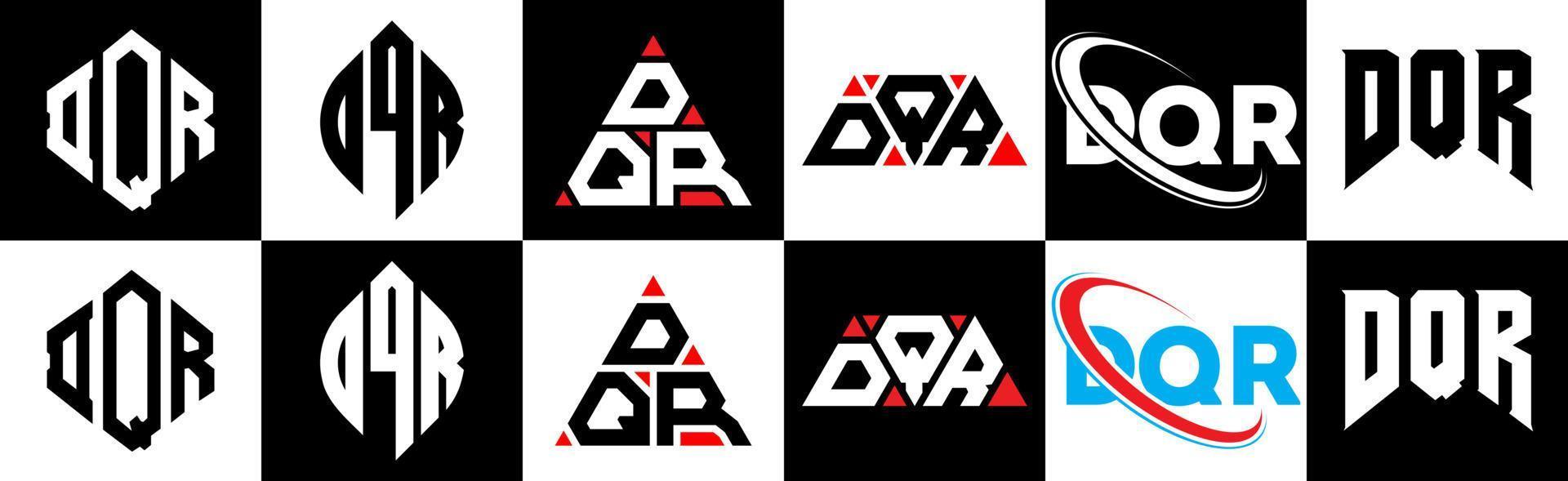 création de logo de lettre dqr en six styles. polygone dqr, cercle, triangle, hexagone, style plat et simple avec logo de lettre de variation de couleur noir et blanc dans un plan de travail. logo minimaliste et classique dqr vecteur