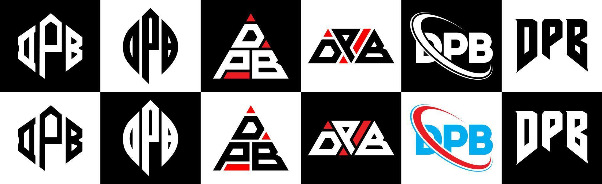 création de logo de lettre dpb en six styles. dpb polygone, cercle, triangle, hexagone, style plat et simple avec logo de lettre de variation de couleur noir et blanc dans un plan de travail. logo minimaliste et classique dpb vecteur