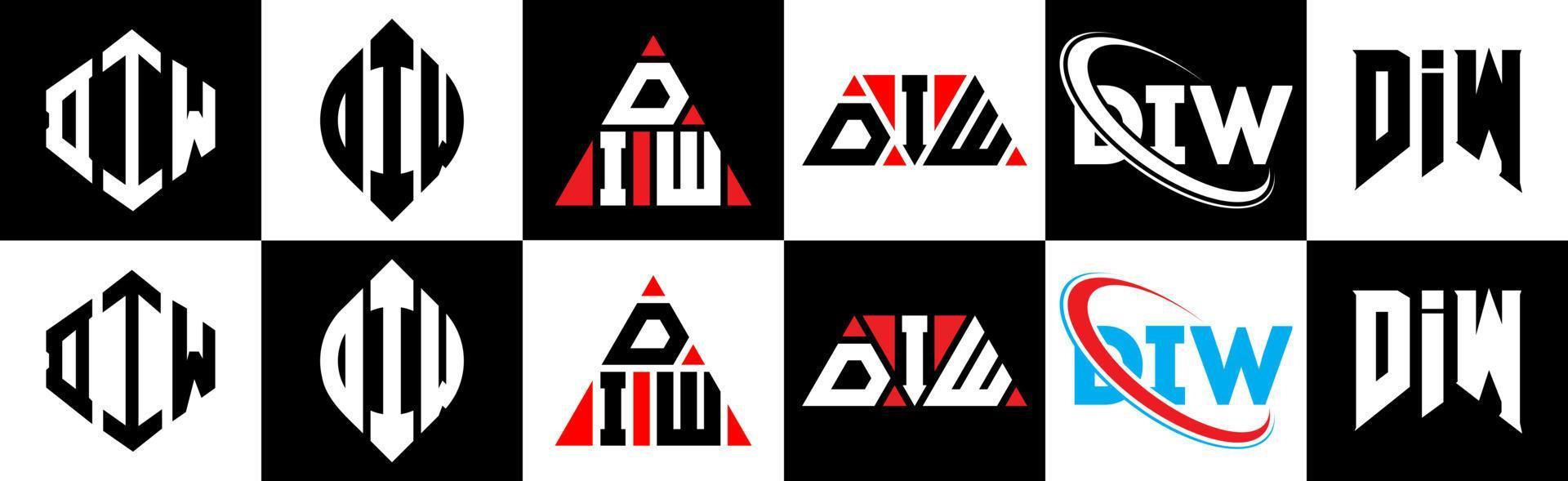 création de logo de lettre diw en six styles. diw polygone, cercle, triangle, hexagone, style plat et simple avec logo de lettre de variation de couleur noir et blanc dans un plan de travail. diw logo minimaliste et classique vecteur