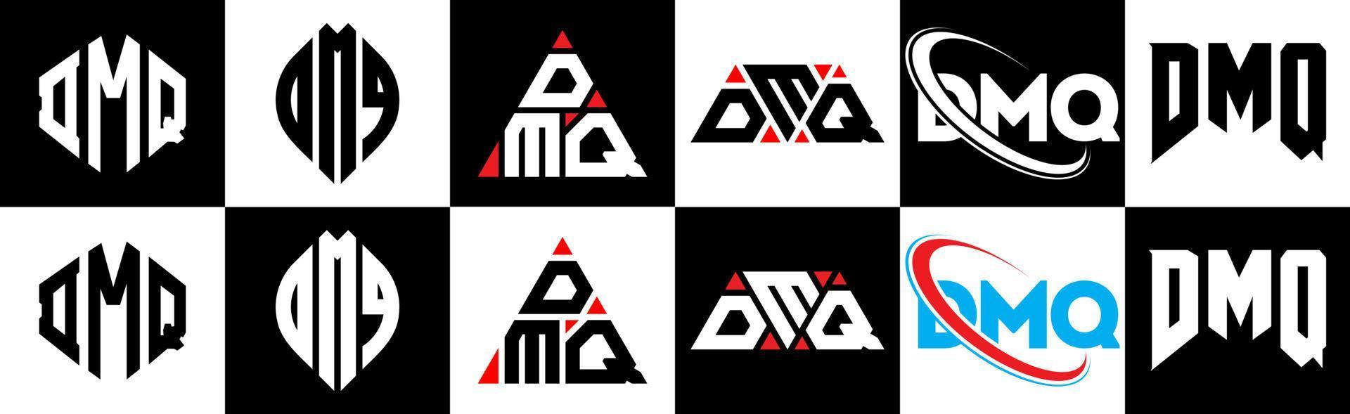 création de logo de lettre dmq en six styles. dmq polygone, cercle, triangle, hexagone, style plat et simple avec logo de lettre de variation de couleur noir et blanc dans un plan de travail. logo minimaliste et classique dmq vecteur