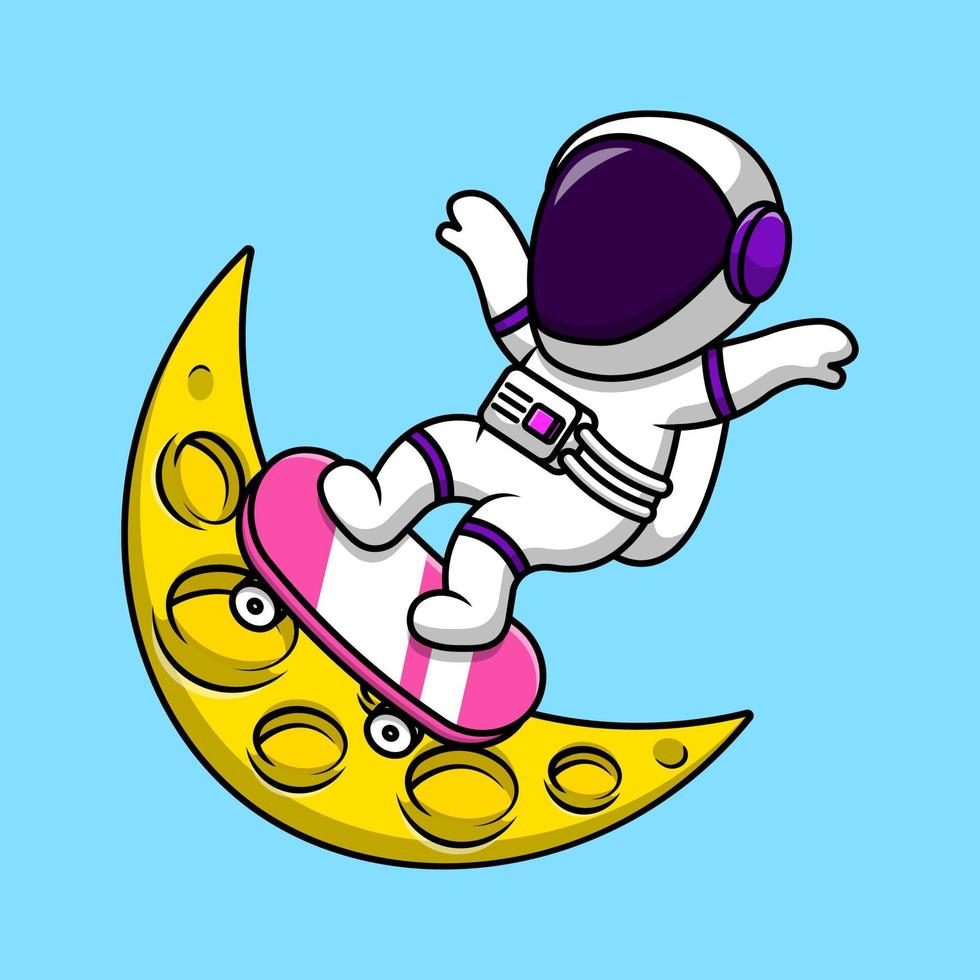 astronaute mignon jouant à la planche à roulettes sur l'illustration d'icônes vectorielles de dessin animé de lune. concept de dessin animé plat. adapté à tout projet créatif. vecteur