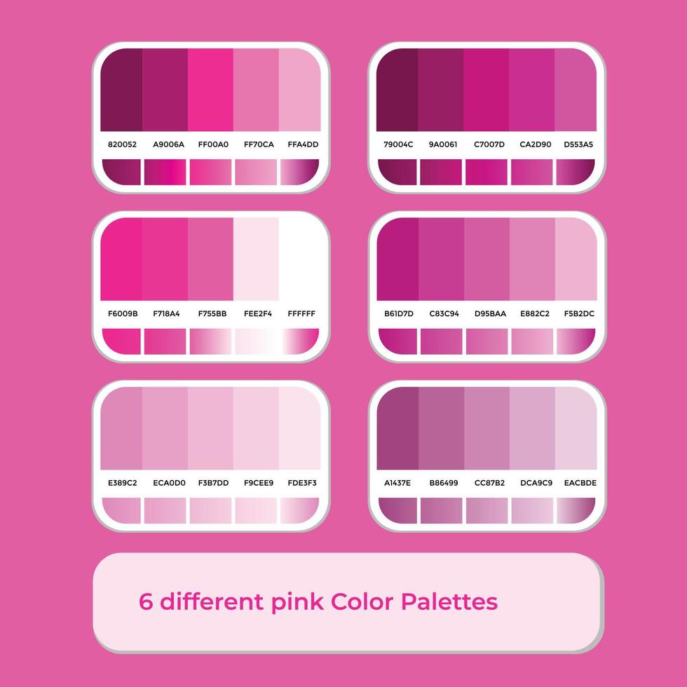6 palettes de couleurs roses différentes avec dégradé de couleur vecteur
