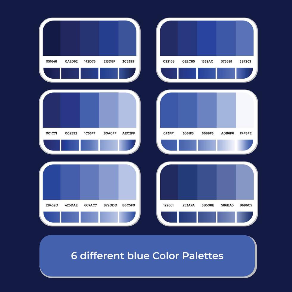 6 palettes de couleurs bleues différentes avec dégradé de couleur vecteur