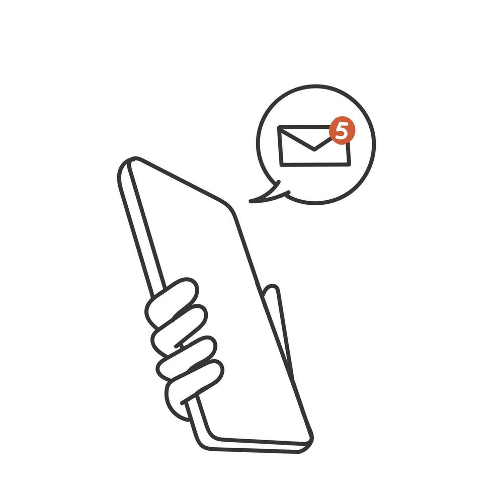 doodle dessiné à la main main tenant un smartphone avec notification d'enveloppe nouveau massage vecteur