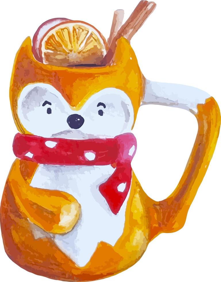 tasse confortable aquarelle en forme de renard couleur orange avec des épices à l'intérieur clipart isolé vecteur