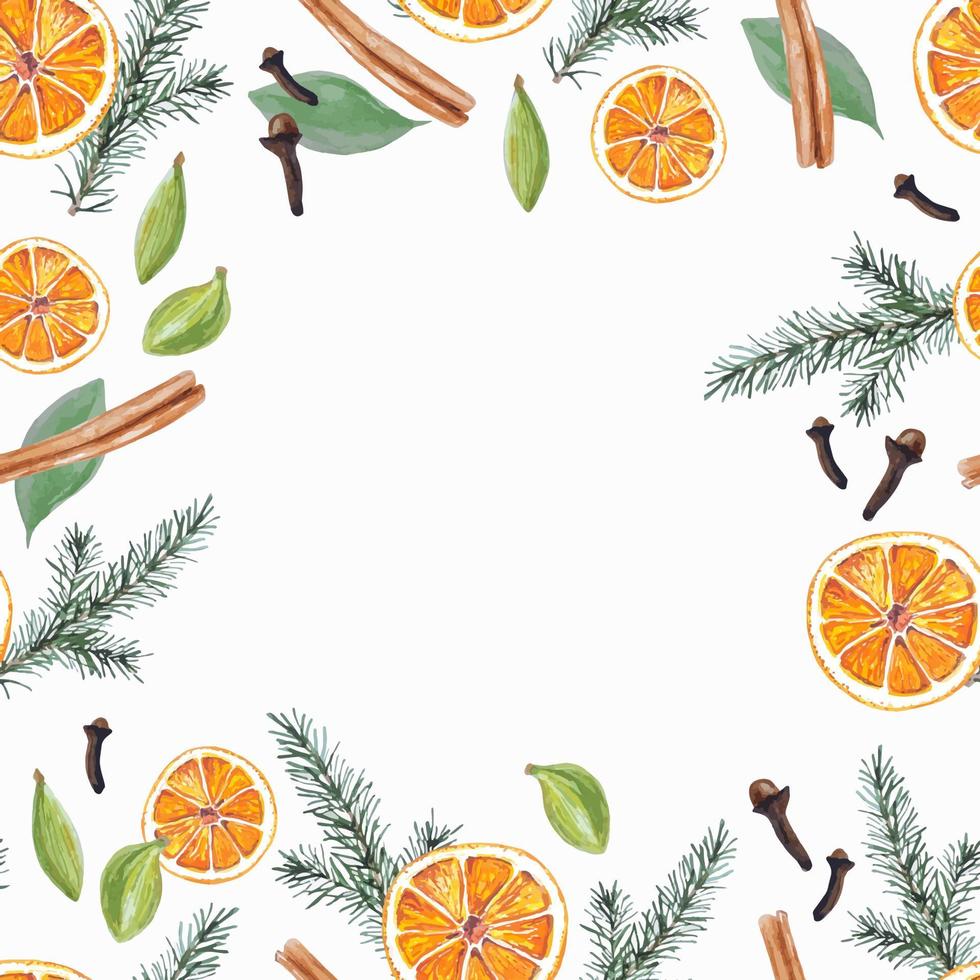 cadre de motif de fond de noël aquarelle avec des oranges et des feuilles dessinées à la main vecteur