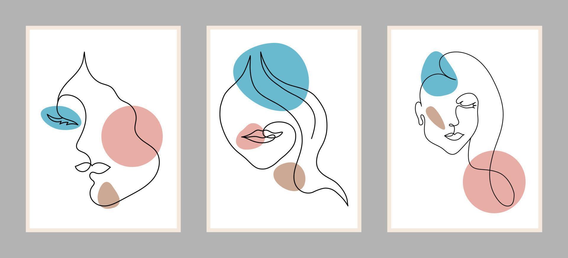 ensemble d'affiches avec des portraits de femmes dans le style de dessin au trait avec des taches de couleur. illustration vectorielle vecteur