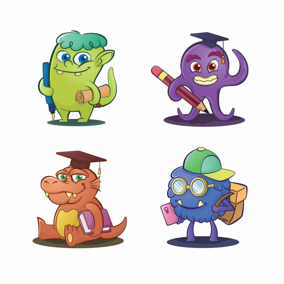 conception de collection de jeu de personnages de dessin animé mignon monstre scolaire éducation vecteur