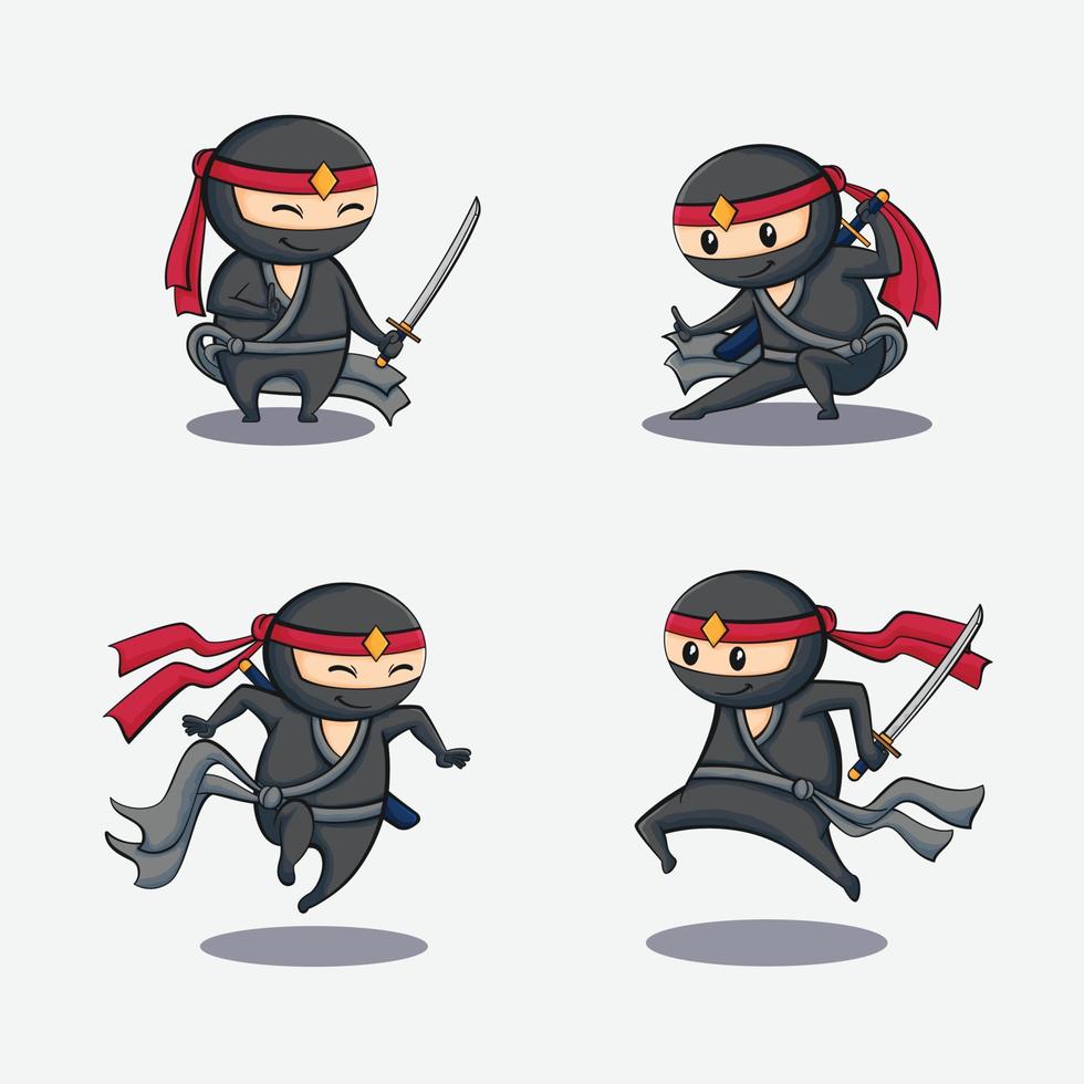 illustration de collection de jeux de caractères dessinés à la main de dessin animé ninja mignon vecteur