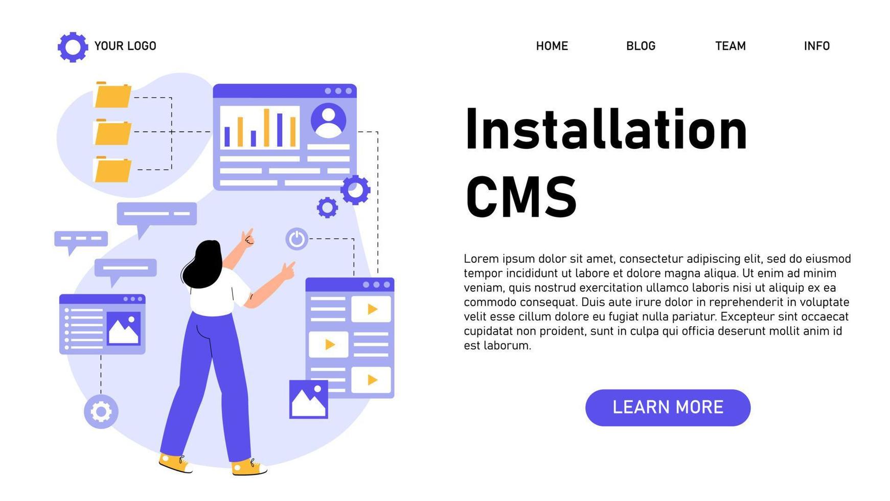 bannière web d'installation cms. système de gestion de contenu. création et modification de contenu numérique. idée de stratégie numérique et de contenu pour le réseau social. vecteur