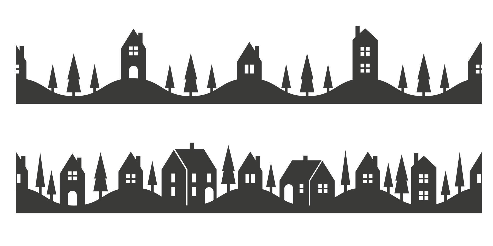 silhouette de maisons sur l'horizon. paysage de quartier de banlieue. maisons de campagne. illustration transparente de vecteur de glyphe.