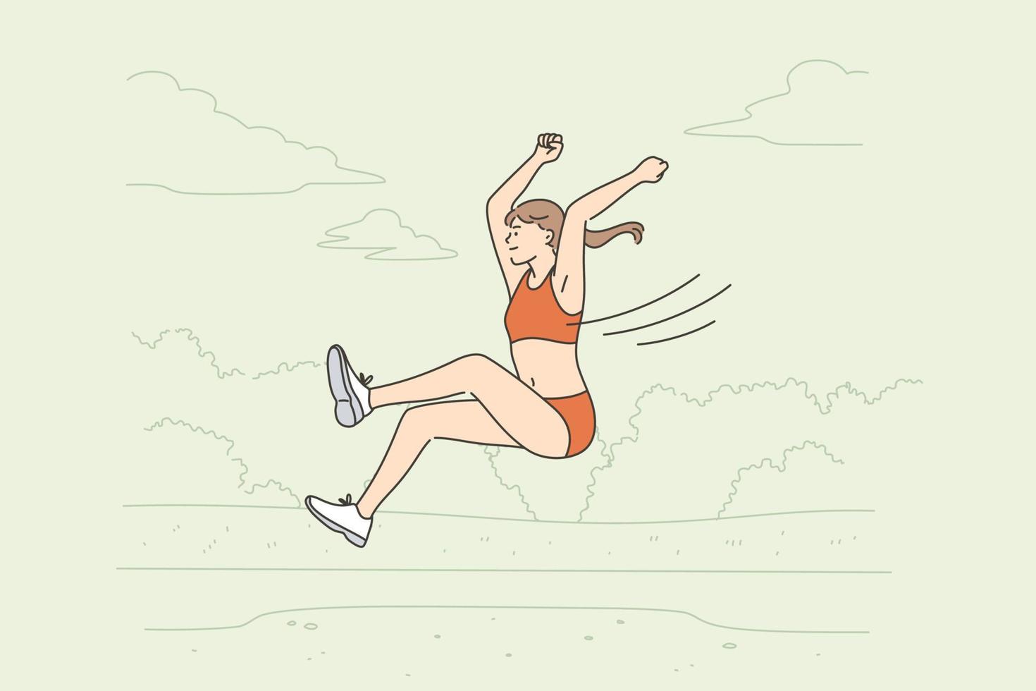 concept d'athlète professionnel de saut en longueur. jeune femme positive saut en longueur sportif participant à des compétitions sautant en avant essayant de gagner illustration vectorielle vecteur