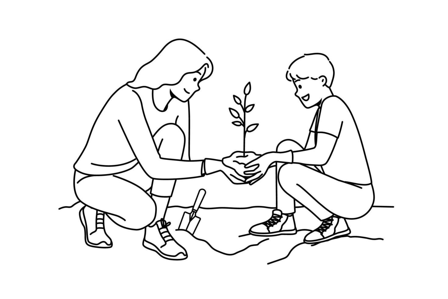 attentionné jeune mère et fils plantant un arbre ensemble. une mère et un enfant souriants mettent des semis dans des soins au sol sur la nature et l'environnement. illustration vectorielle. vecteur