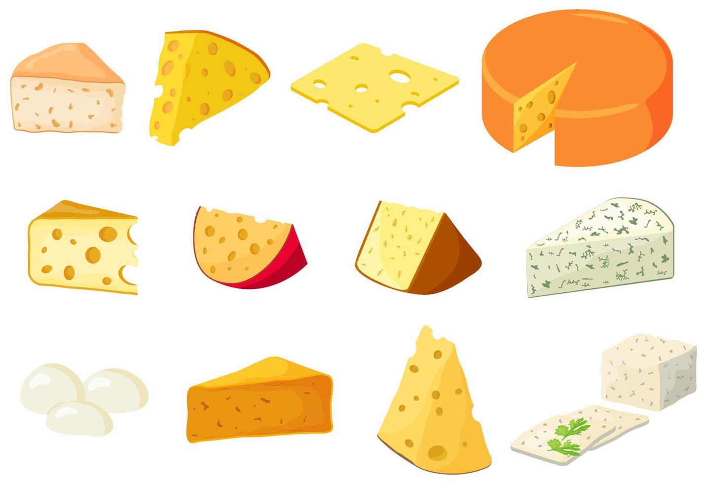 un ensemble de différents types de cheese.cheddar, mozzarella, maasdam, brie, roquefort, gouda, feta et parmesan.cut en triangles et tranches de délicieux cheeses.flat vector illustration en style cartoon.