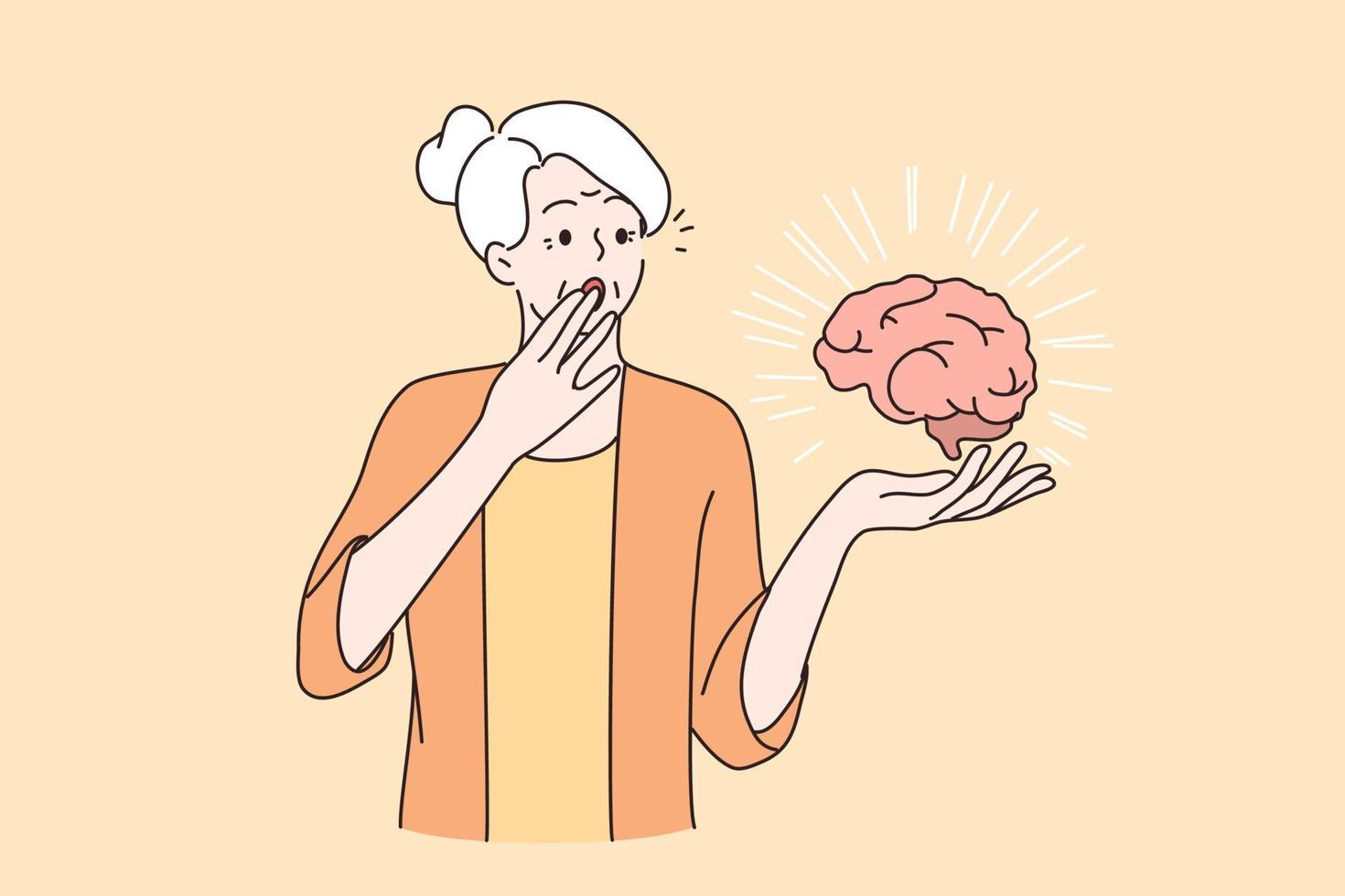 concept de santé mentale des personnes âgées. femme âgée surprise aux cheveux gris tenant le cerveau couvrant la bouche avec la main, choquée et effrayée par les problèmes mentaux illustration vectorielle vecteur