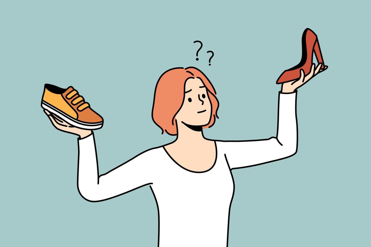 jeune femme confuse choisissant entre différents types de chaussures. une fille frustrée fait le choix entre des baskets et des talons. la mode et le style. illustration vectorielle. vecteur