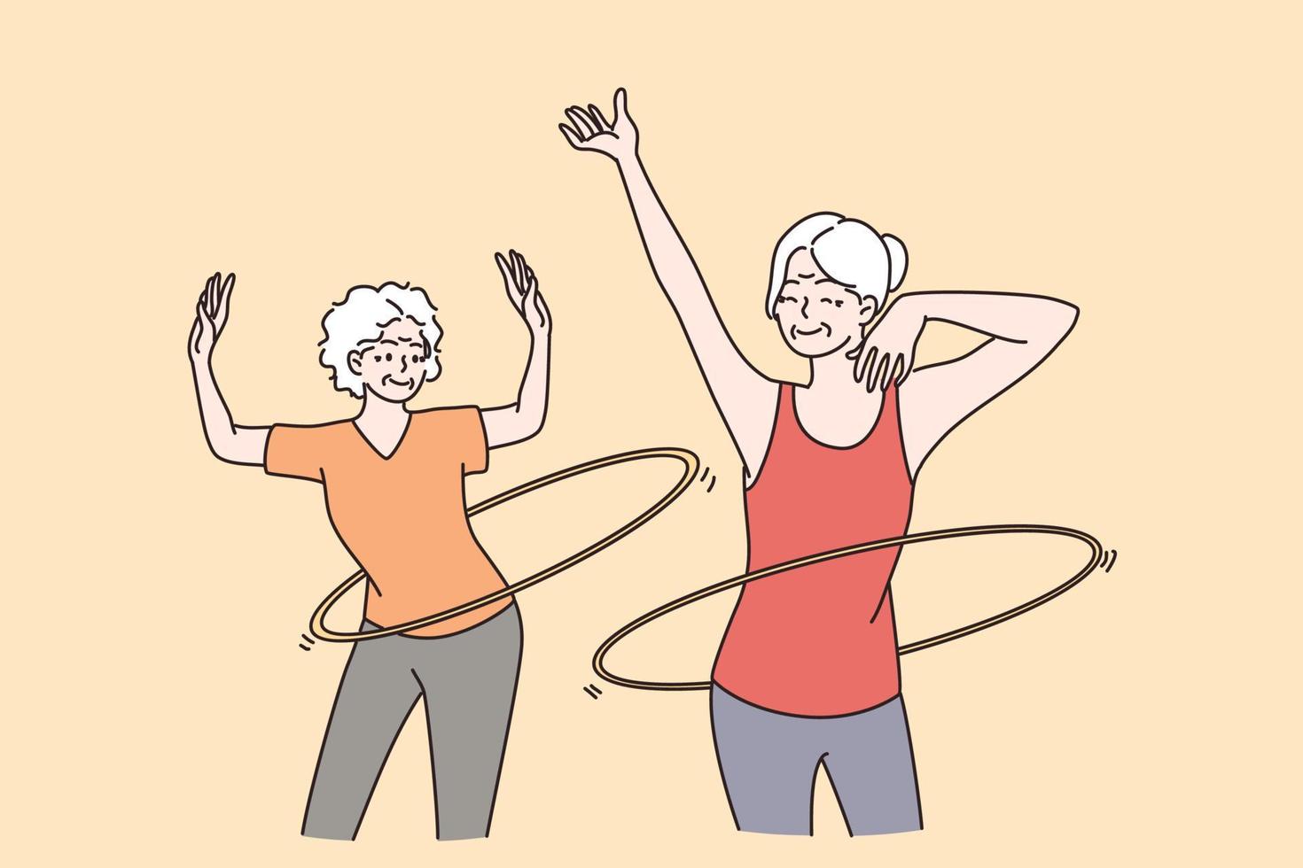 concept de mode de vie actif des personnes âgées. deux amies de femmes d'âge mûr souriantes et heureuses en bonne santé faisant de l'entraînement sportif et roulant des cerceaux sur la taille illustration vectorielle vecteur