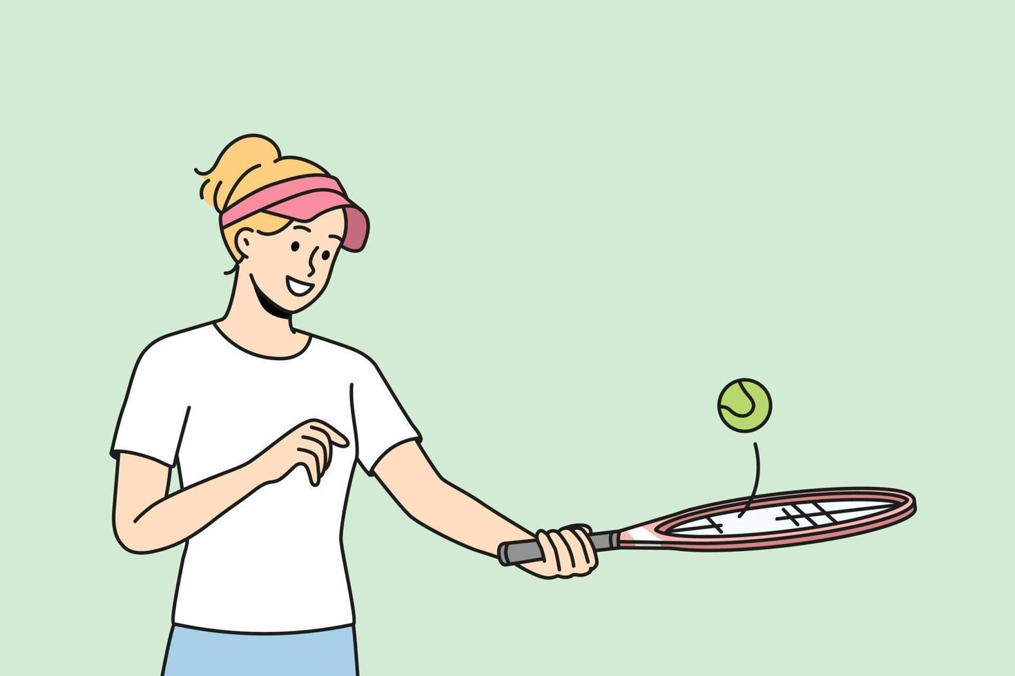 souriante jeune femme en uniforme jouant au badminton. une fille heureuse avec une raquette et une balle profite d'un match à l'extérieur. sport et loisir. illustration vectorielle. vecteur