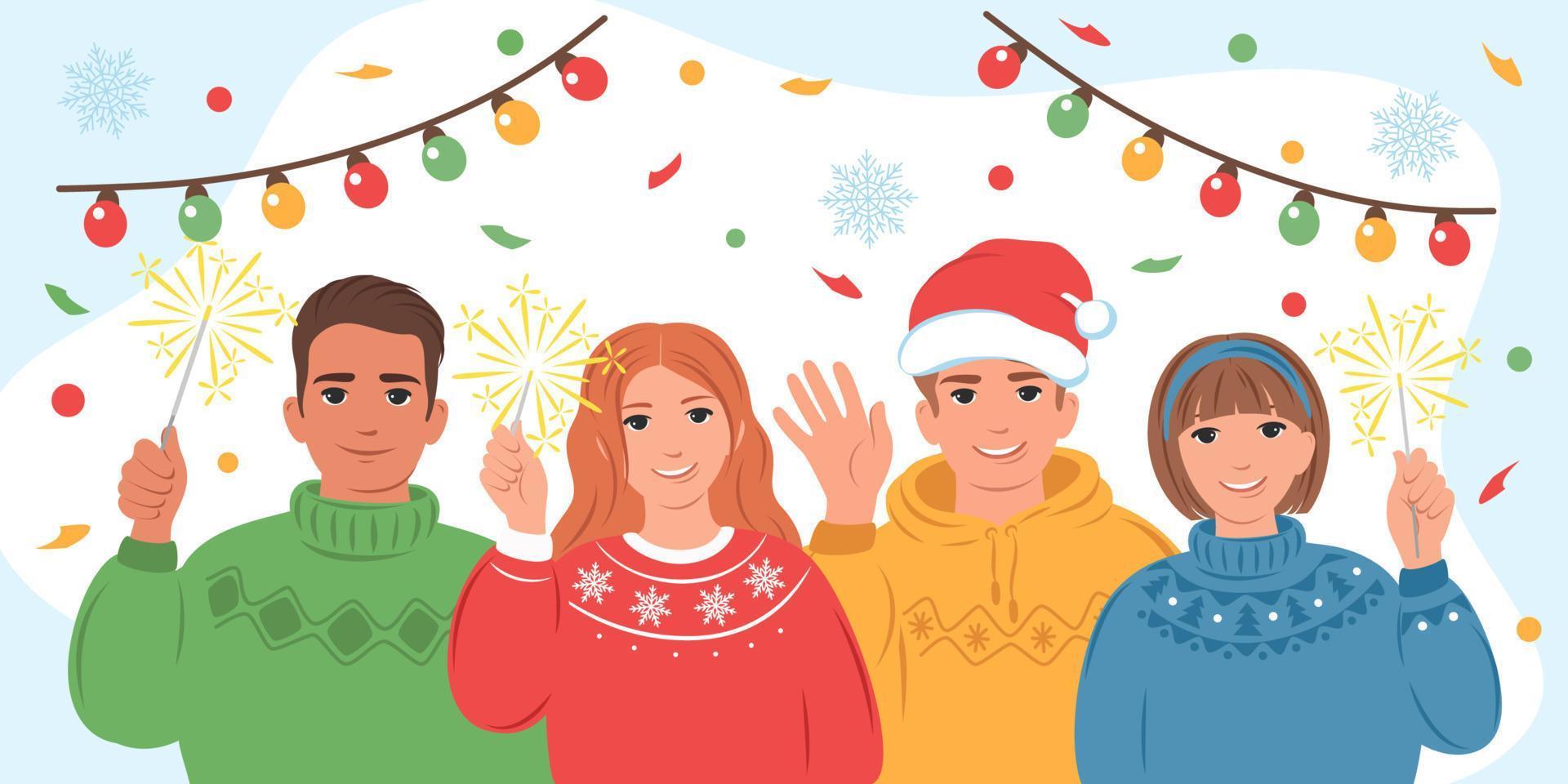 groupe de personnes différentes en vêtements d'hiver ensemble lors d'une fête de vacances. joyeux Noel et bonne année. illustration vectorielle vecteur