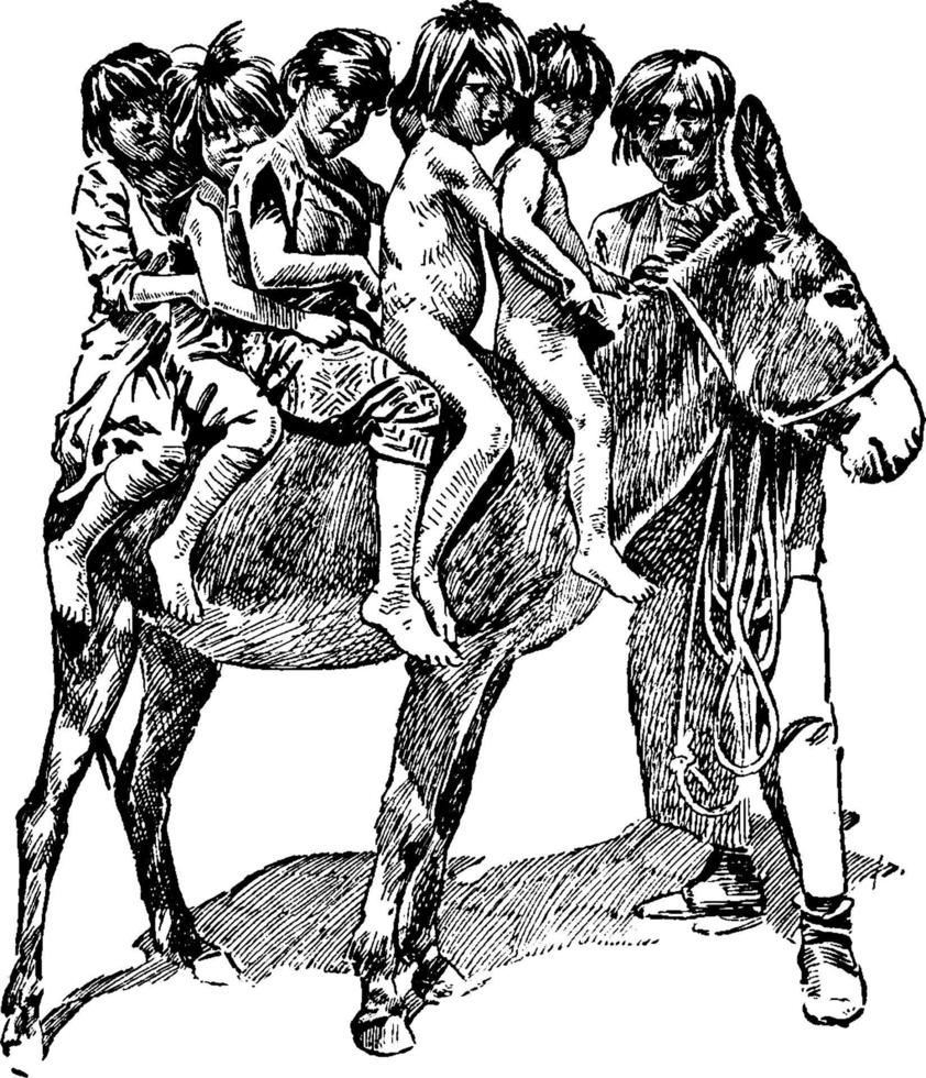 enfants chevauchant une mule, illustration vintage. vecteur