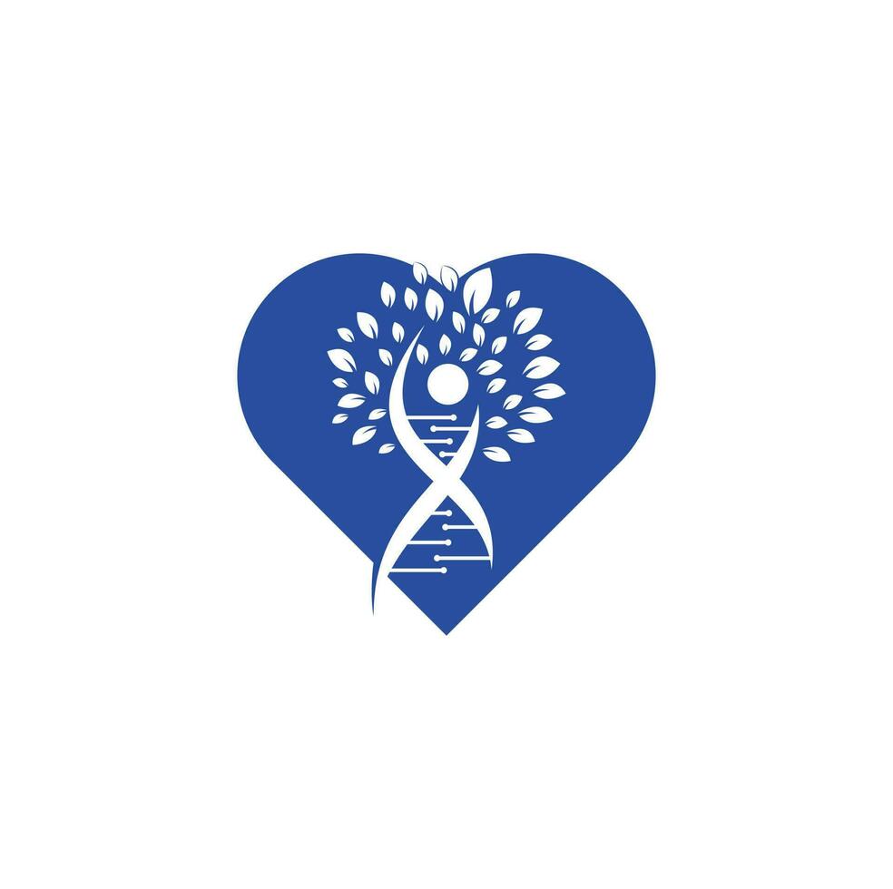 conception de logo vectoriel de concept de forme de coeur d'arbre d'adn. icône génétique d'adn. ADN avec création de logo vectoriel de feuilles vertes.