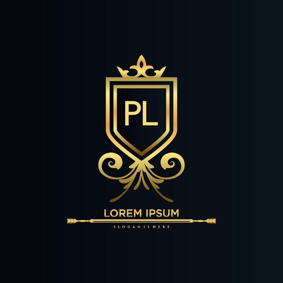 pl lettre initiale avec modèle royal.élégant avec vecteur de logo de couronne, illustration vectorielle de logo de lettrage créatif.