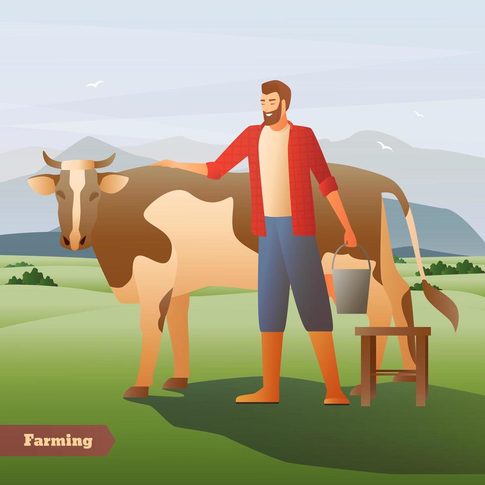 agriculteur jardinier avec vache vecteur
