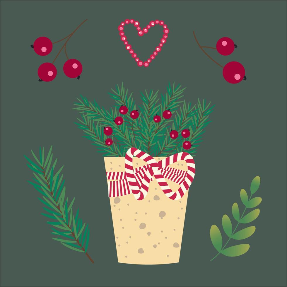 coeur rouge, branches, baies. collection d'attributs de nouvel an et de noël vector illustration plate.