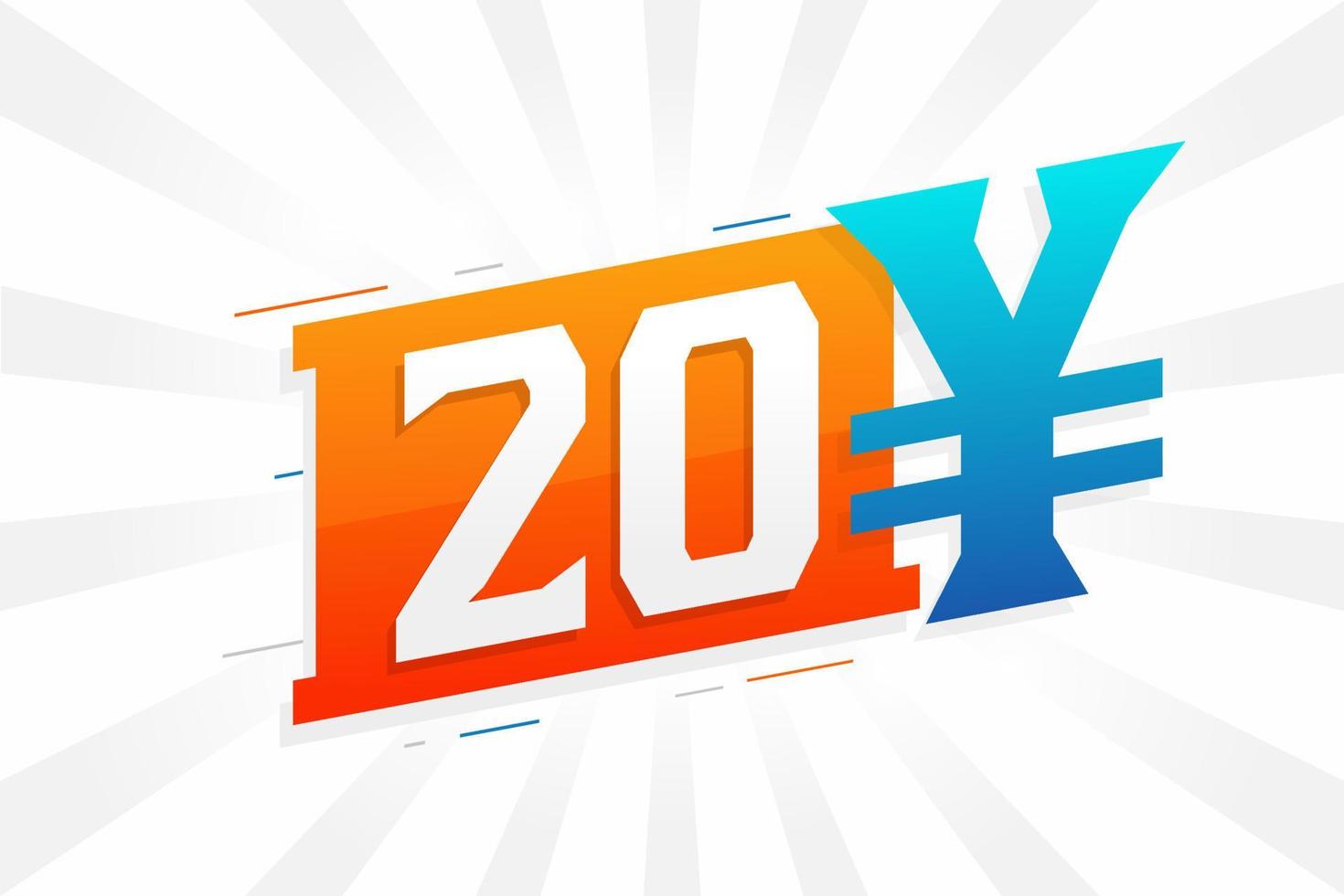 Symbole de texte vectoriel de la monnaie chinoise de 20 yuans. 20 yens monnaie japonaise vecteur de stock d'argent