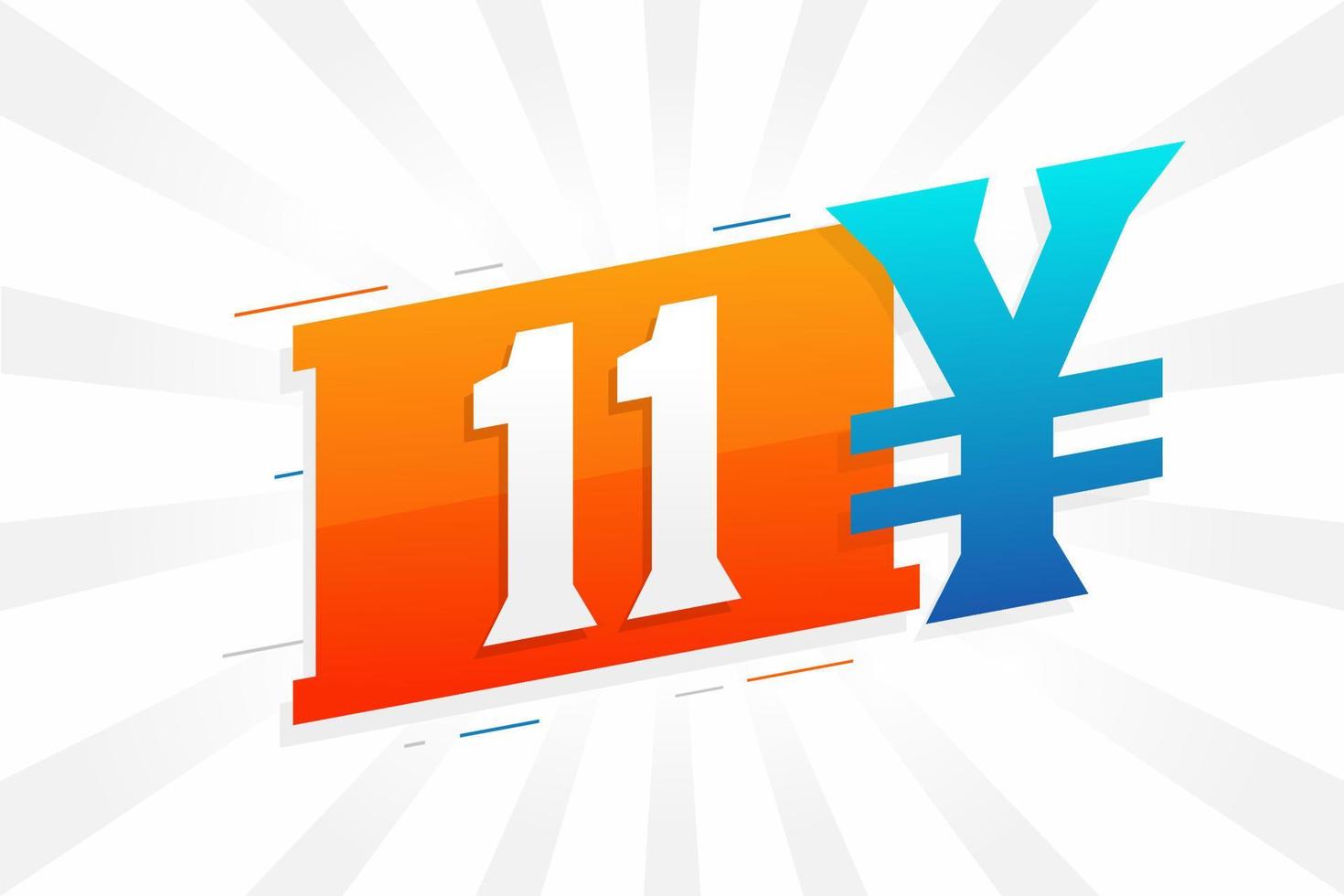 Symbole de texte vectoriel de la monnaie chinoise de 11 yuans. 11 yens monnaie japonaise vecteur de stock d'argent