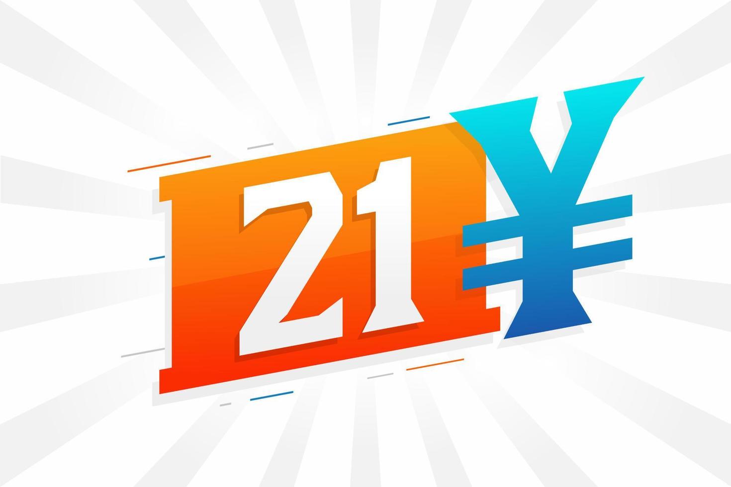 Symbole de texte vectoriel de la monnaie chinoise de 21 yuans. 21 yens monnaie japonaise vecteur de stock d'argent