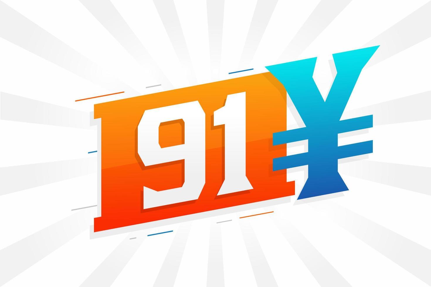 Symbole de texte vectoriel de la monnaie chinoise de 91 yuans. 91 yen monnaie japonaise vecteur de stock d'argent