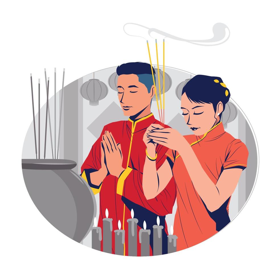 homme et femme asiatiques priant avec des bâtons d'encens dans la célébration du nouvel an chinois vecteur